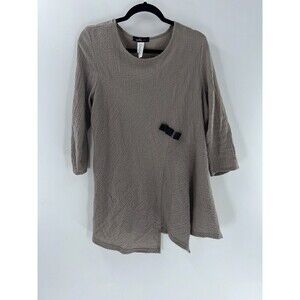 Women's Yushi Taupe Gauzy 3/4 Sleeve Handkerchief Hem Tunic Top Size L